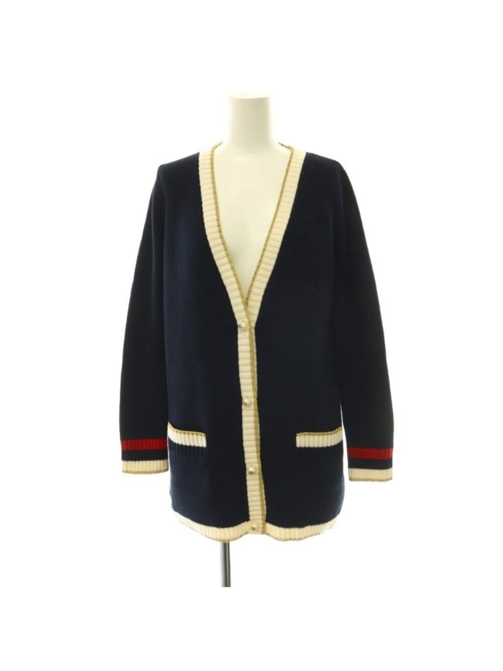 Gucci Embroidery GG Pearl Button Neck Cardigan Knit XS Navy Multicolor